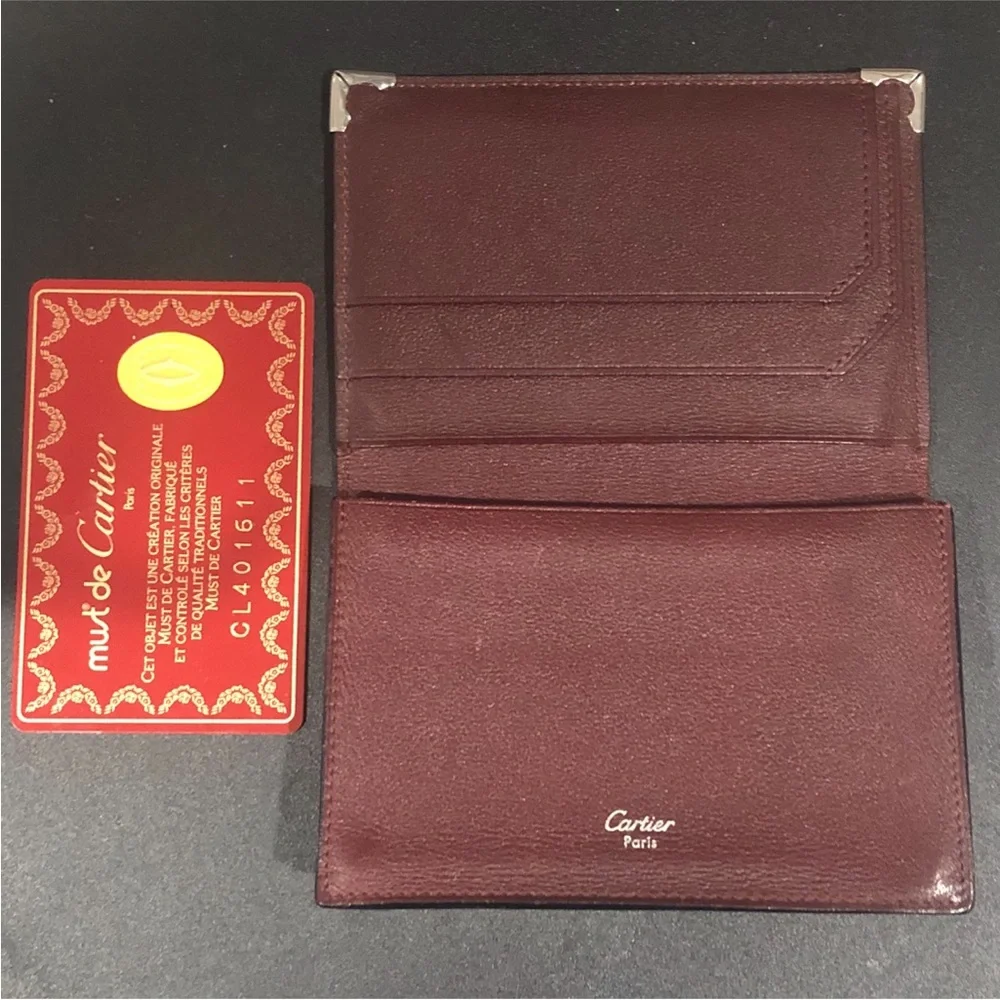 CARTIER Black Leather Card Wallet with Silver Metal Corner Accents